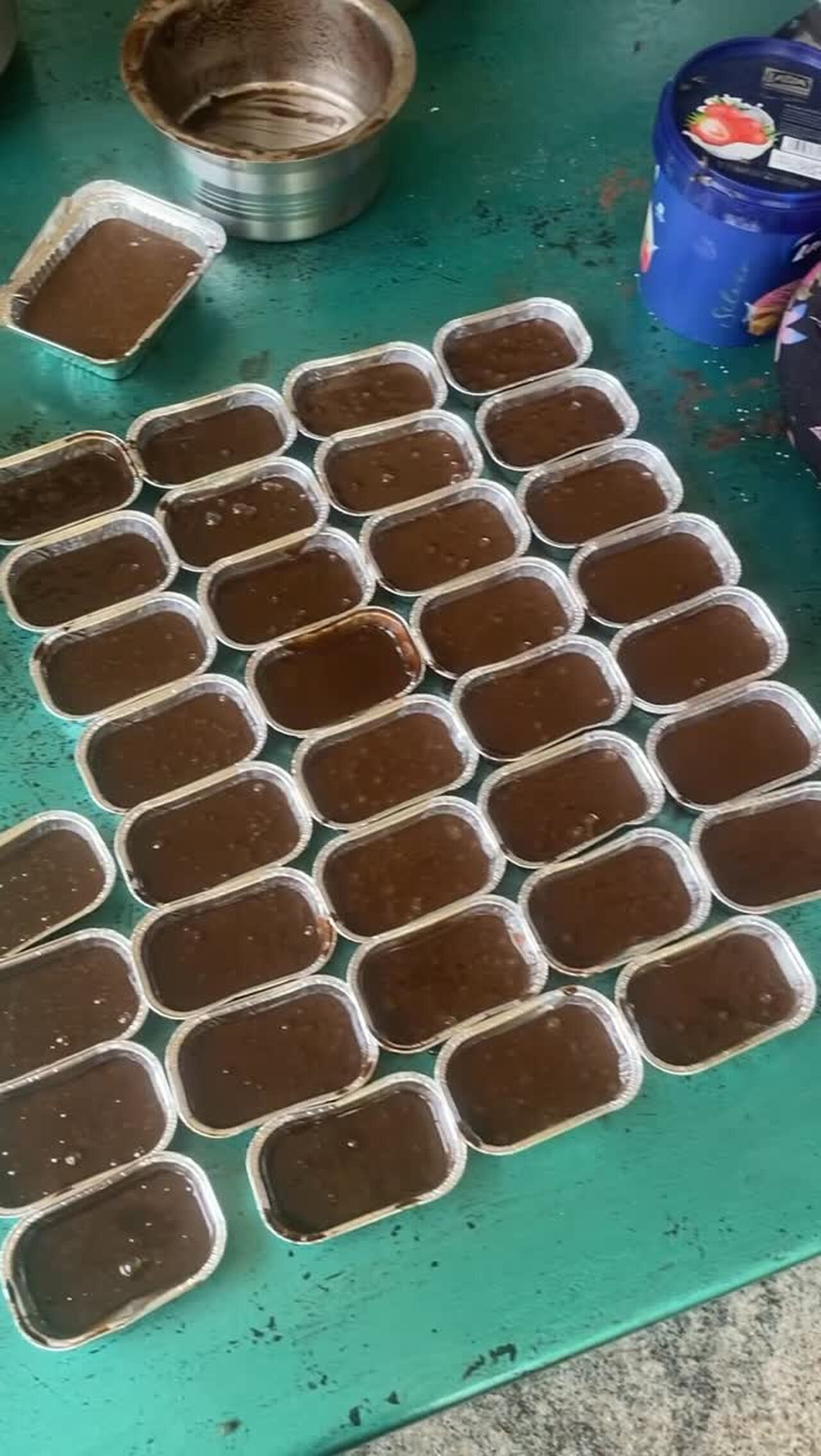 Dessert tins being prepared